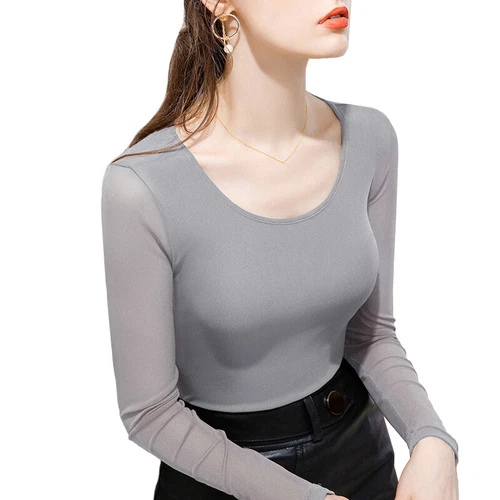 Damen-T-Shirt U-Ausschnitt Netz Langarm Stretch Basisschicht Oberteil schmale Passform Freizeit - Bild 11 von 20