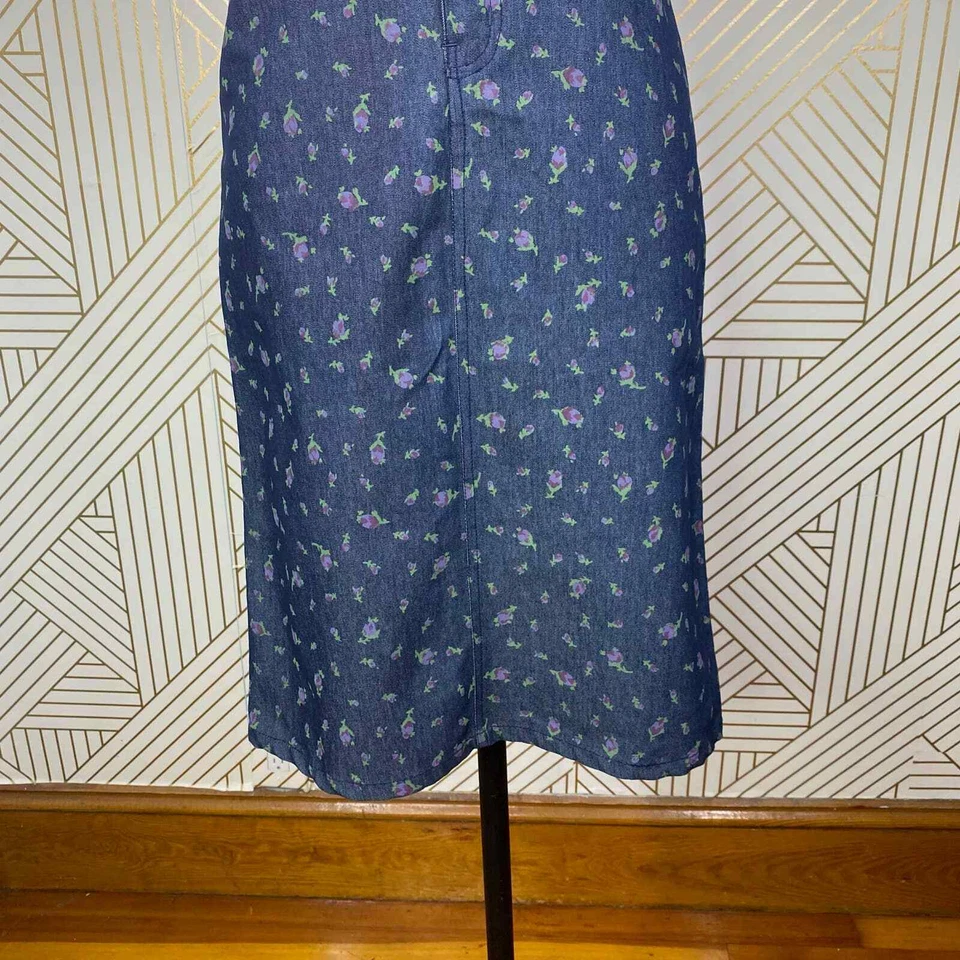 NUEVO CON ETIQUETAS BETSY JOHNSON Falda Lápiz Denim Floral Vintage en Azul Inventario Muerto EE. UU. XS Foto 4 de 4