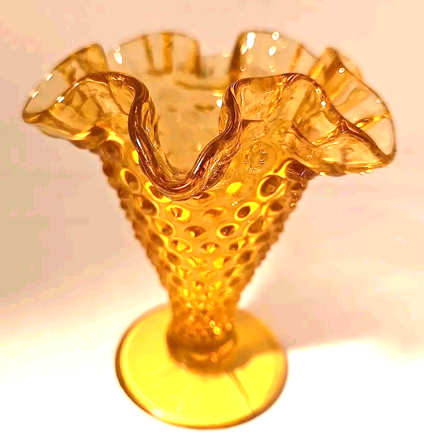 Fenton Small Amber Marigold Hobnail Trumpet Vase with Ruffled Edge