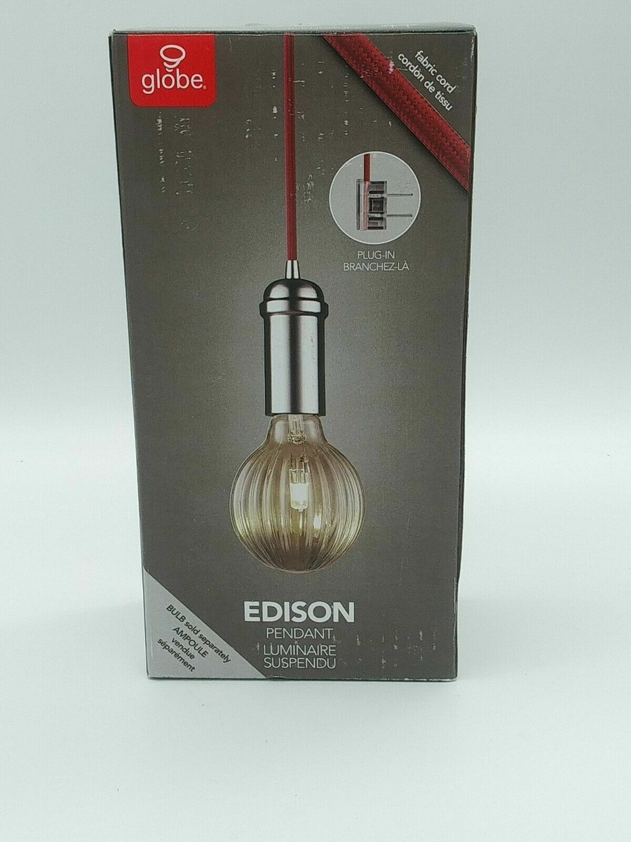 NIB Globe EDISON Plug In Pendant w/ Red fabric Cord Chrome - Main Image