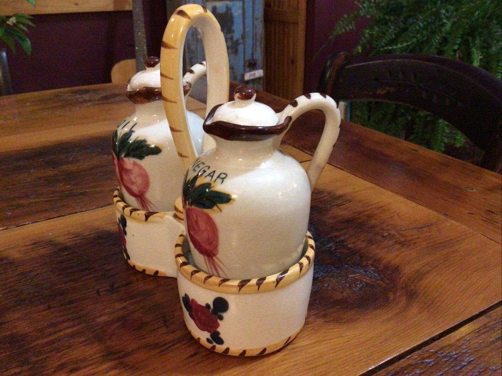 Vintage Hand Painted Nasco Japan Oil & Vinegar Cruet Set w/ Handled Caddy-Holder