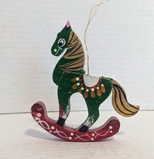 Vintage Christmas Ornament 1970s Wood Hand Painted Rocking Horse Cute Face EUC 