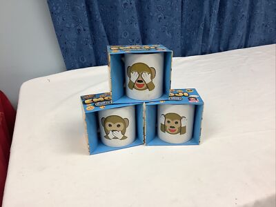 Emoji Wise Monkeys See No Hear No Speak No Evil Coffee Mug Tea Cup Ceramic - NEW