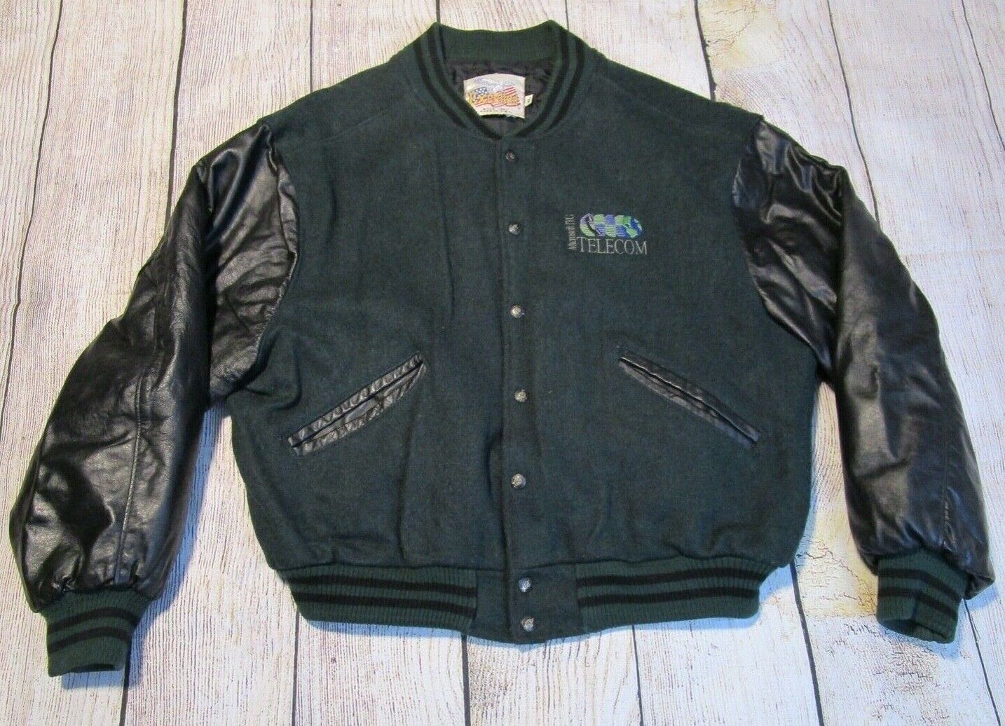 Vtg Microsoft ITG Telecom Wool Green Black Varsit… - image 1