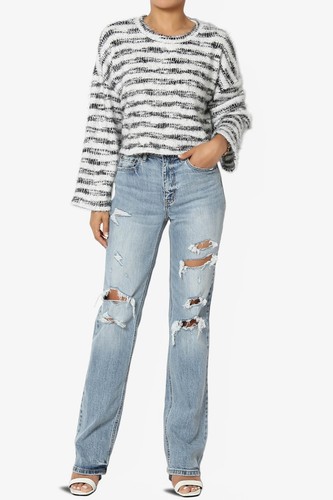 TheMogan Cozy Fuzzy Stripe Boxy Crop Sweater Top Soft Knit Long Sleeve Jumper - Picture 20 of 44