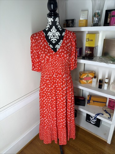 French Connection Fayola red Floral midi Dress 10 Cottagecore Quiet Luxury