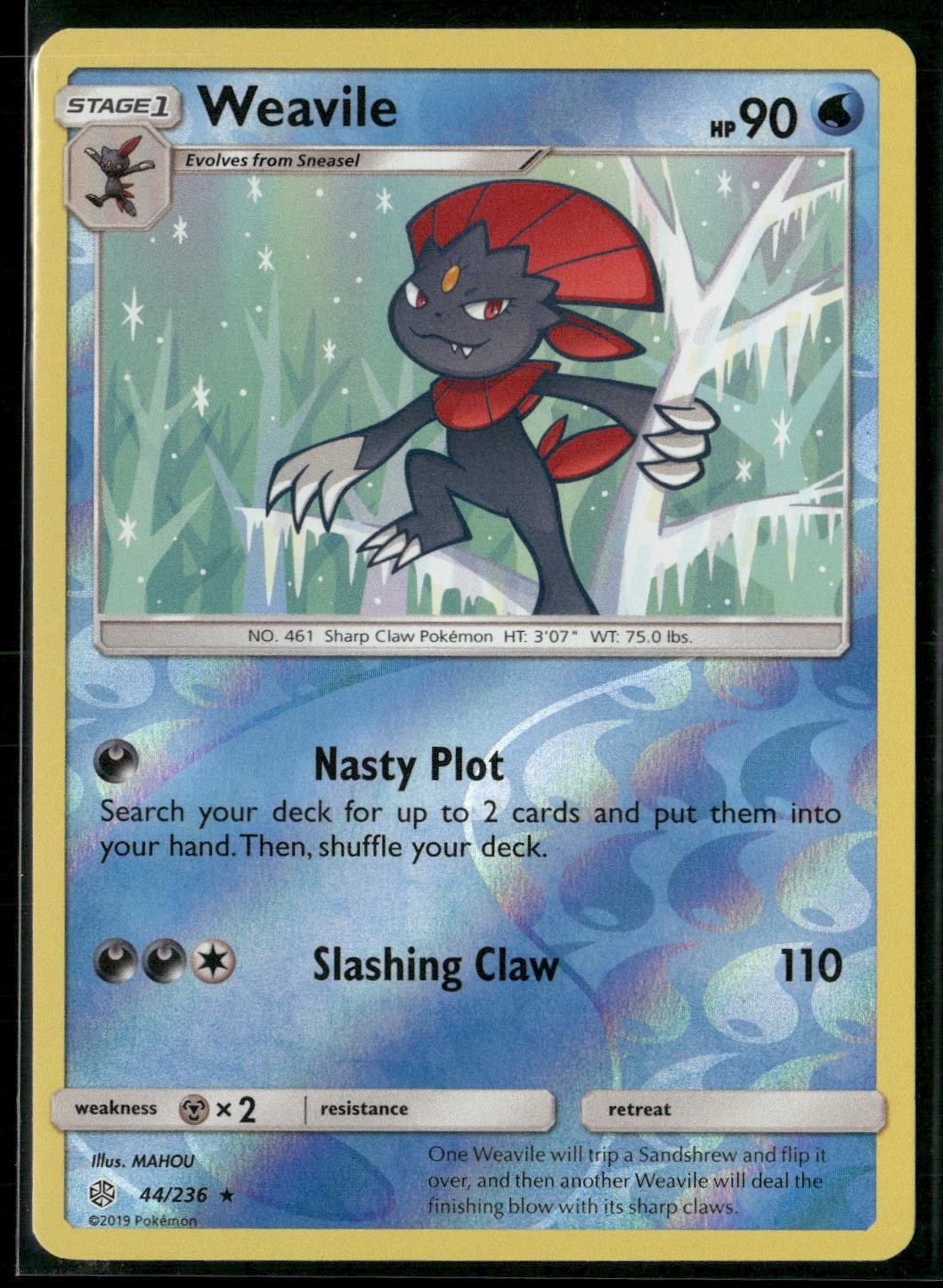 Weavile 44/236 Rare Cosmic Eclipse Pokemon Reverse Holo Near Mint