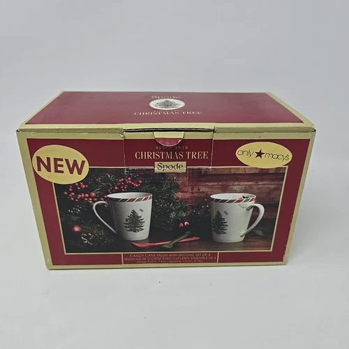 Spode Christmas Tree Candy Cane Mugs with Spoons Set of 2 mugs 2 Spoons NEW