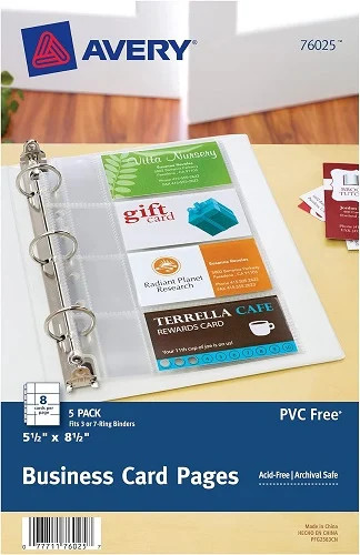 5.5x8.5in Business Card Pages Polypropylene 8 Business Cards Per Page 5/PK - 1EA