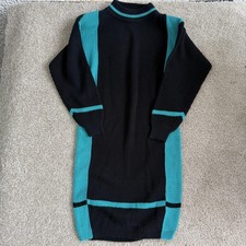 Vintage Liz Thomas Sweater Dress Womens Large Black Teal Colorblock Mock Neck