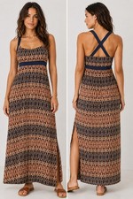 Eddie Bauer Maxi Dress Blue Brown Side Slit Boho Travel Resort Size Large Earthy