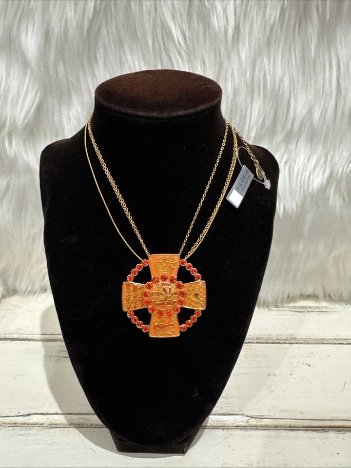 PEREGRINO Diseño Danés Cruz Colgante 3 Cadenas Collar Naranja Gargantilla Ajustable Foto 2 de 4