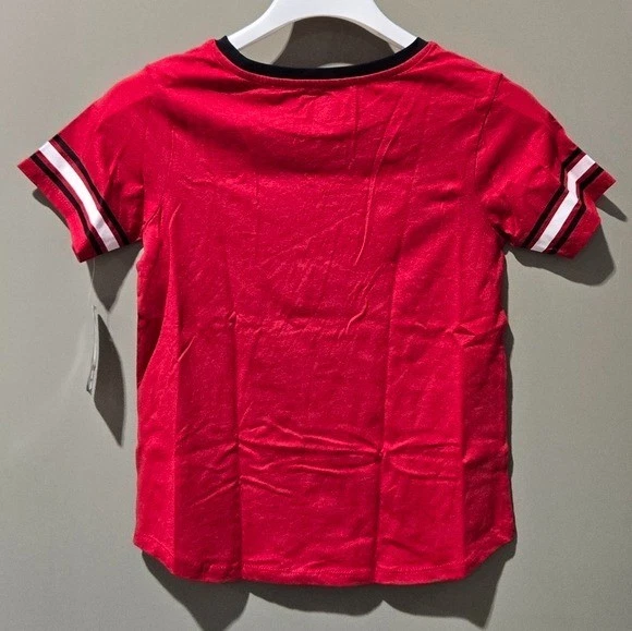 Chicago Blackhawks Girls' Red Hearts & Glitter Logo Varsity Tee -- Large 10/12 - Image 4 of 4