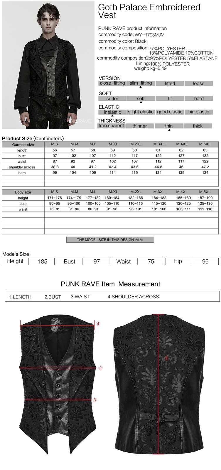 Punk Rave Men Black Gothic Retro Palace Embroidered Vest Elegant Waistcoat image 4