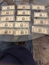 Lot of 14 United States $5 Red and Blue Seal Banknotes Circulated