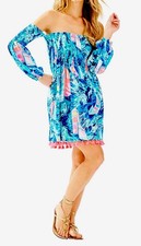 LILLY PULITZER Trina Off Shoulder Beach Dress-Tassel Hem-Saiboat Blue-Sz L
