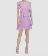 BCBGMaxazria Women's Pink V-Neck Pleated Ruffled-Trim Mini Dress Size 0