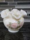 Fenton Hand Painted Cream Colored Glass Rose Bowl Vase w/ Pink & White Flowers