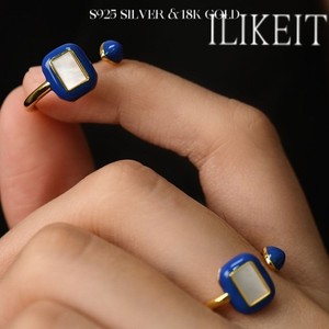 Authentic S925 Silver Gold Plated Klein Blue Enamel Ring with Mother of Pearl Inlay