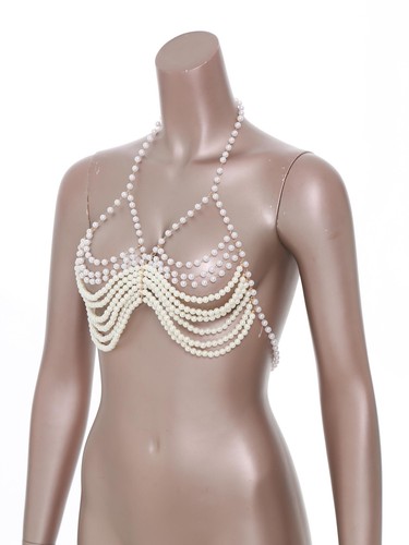 Womens Faux Pearl Body Chain Hollow Out Bra Tops for Beachwear Rave Party - Picture 53 of 71