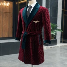 Burgundy Men's Smoking Jacket Velvet with Belt Long Overcoat Evening Party Robe