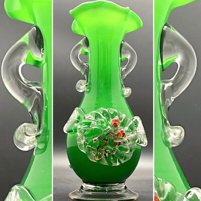Plum Garden Peranakan Art Glass Green Bud Vase Hand Crafted Singapore 8.5'' tall