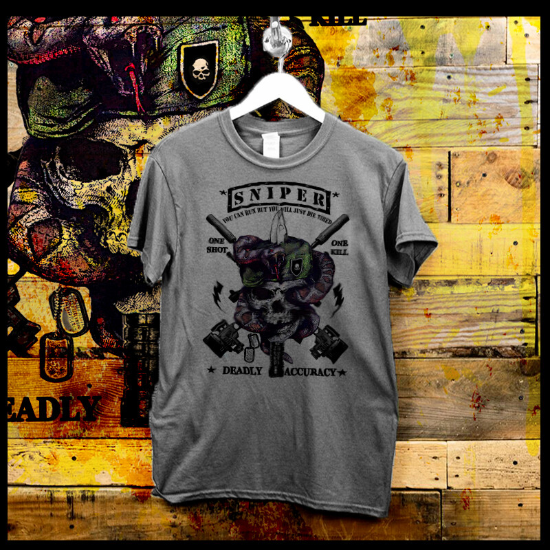 トップス US ARMY SLEEPING SHIRTS BLACK OVER DYE Army Sniper T-Shirt Combat Sharpshooter Long Range Death