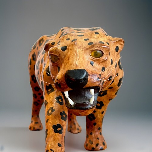 LARGE 24” Leather Wrapped Vintage Leopard Statue-Mid Century Safari Jungle Decor - Picture 7 of 23