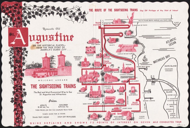 Vintage placemat THE SIGHTSEEING TRAINS map pictured St Augustine Florida exc+