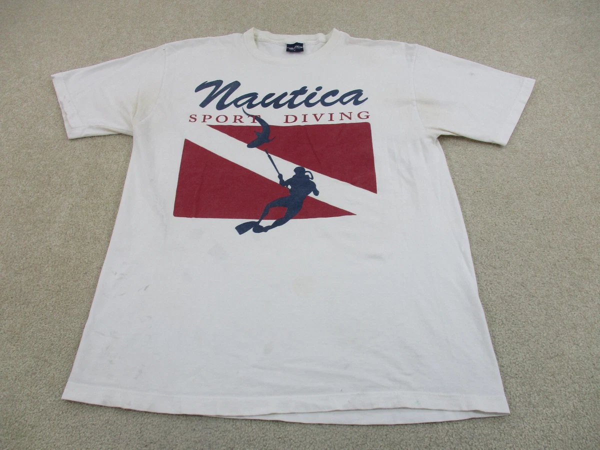 VINTAGE Nautica Shirt Adult Large White Spell Out Sailing Logo Mens 90s A52*