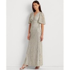 Lauren Ralph Lauren Sequined Elbow-Sleeve Gown Pearlescent, Size 4