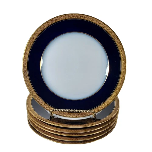 6 Wm Guerin & Co Limoges France Gold Gilt Cobalt Porcelain Salad/Lunch/Dessert