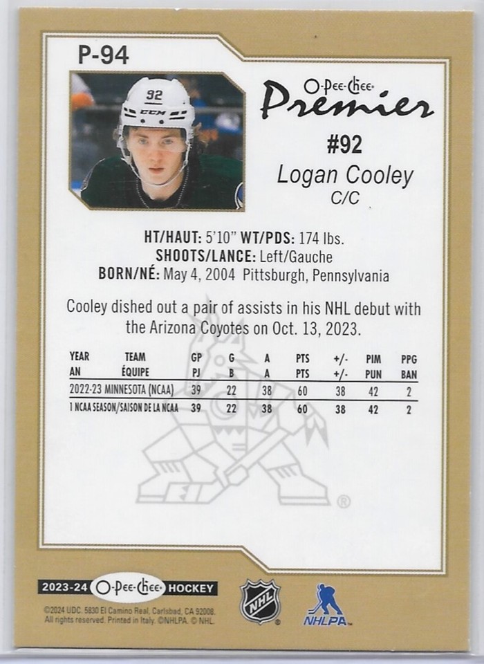LOGAN COOLEY 23-24 OPC PREMIER ROOK. SP INSERT RC/USA/UTAH MAMMOTH/AS ...