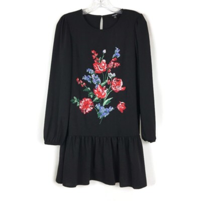 Express Black Floral Embroidered Dress Womens XS Drop Waist Keyhole Red  Blue LS | eBay