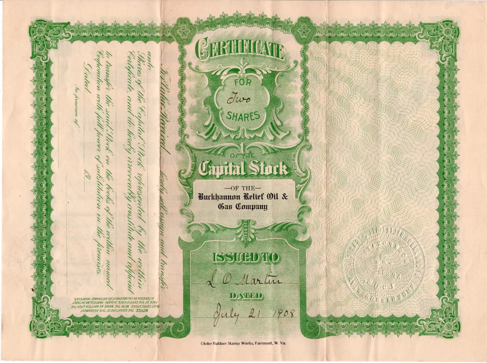 1908 WEST VIRGINIA Buckhannon Relief Oil & Gas Company Stock