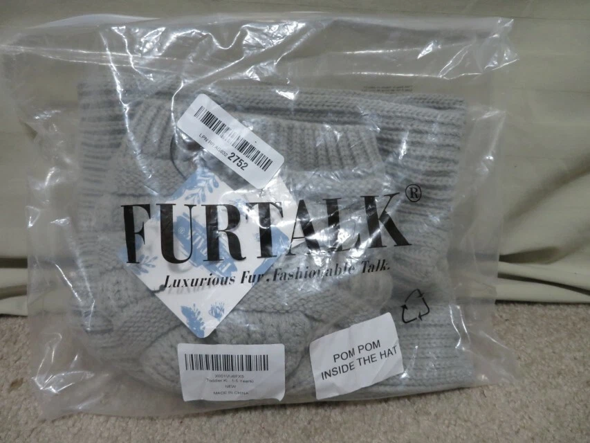 Furtalk Winter Real Fur PomPom Hat/Scarf Set - Gray - Size Toddler (1-5 Yrs)