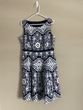 Talbots Womens Navy Blue Floral Medallion Print Pleated Flare Dress Size 10