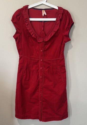 MAEVE Anthropologie Red Corduroy Silk Short Puff Sleeve Button Up Dress Sz 6