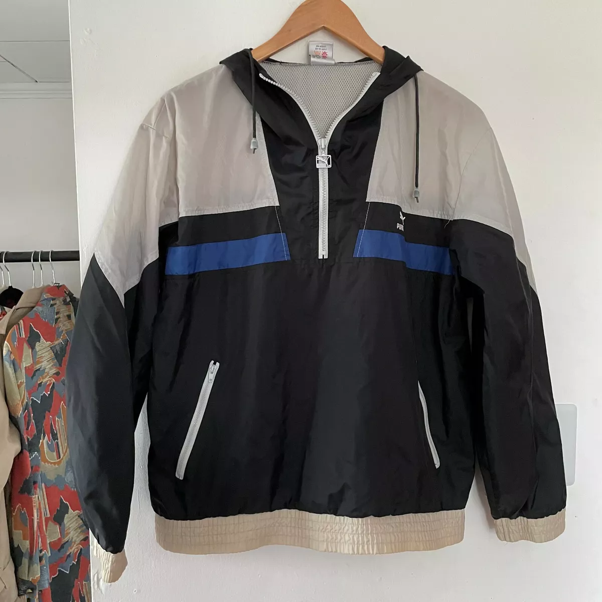 Vintage 80s Puma Savannah Windbreaker Jacket M Black 1 4 Zip Beat Street Hooded