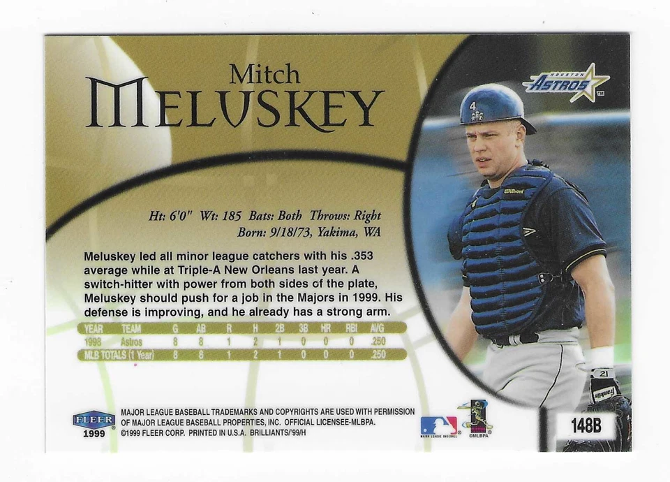 1999 Fleer Brilliants Blue Mitch Meluskey Houston Astros Baseball Card #148B RC - Image 2 of 2