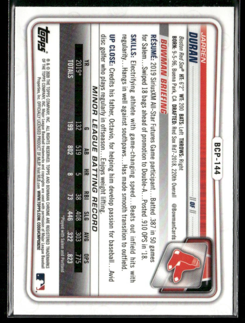 2020 Bowman #BCP-144 Jarren Duran Chrome Prospects
