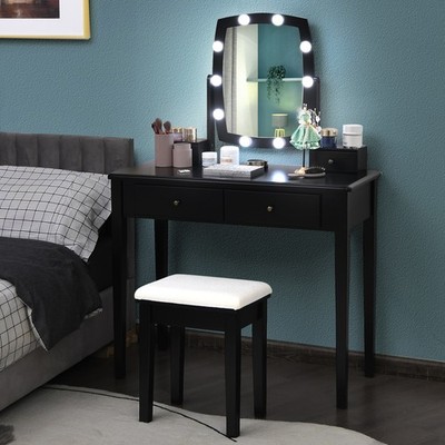 Vanity Table Set w/ Lighted Mirror Adjustable 4 Drawer 10 Bulbs Dresser Black
