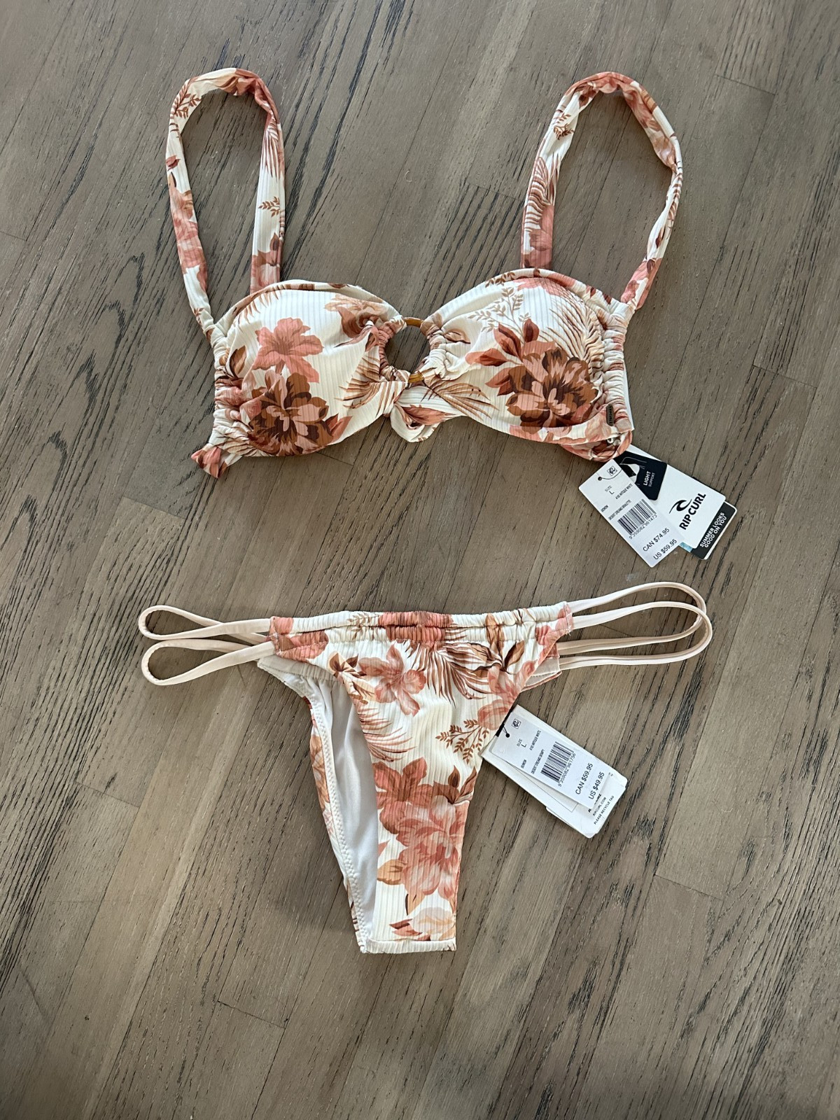 Rip Curl Bikini Set LG Orange Tropical Floral Swimsuit Beach Retails $110 NWT