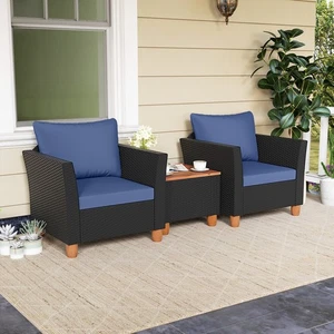 Costway 3PCS Outdoor Patio Rattan Furniture Set Wooden Table Top Cushioned Sofa