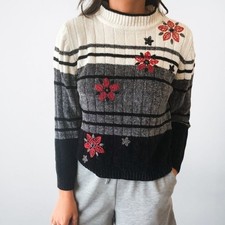 Alfred Dunner Petite Chenille Sweater Floral Embroidered Striped Mock Neck PL