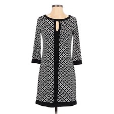 White House Black Market Dress Black White Geo Print 3/4 Sleeve Jersey Knit Med