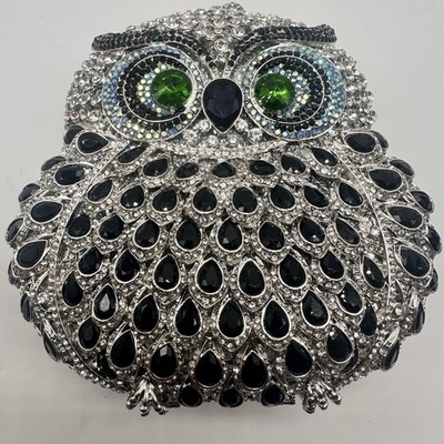 Stunning Silver and Black Fully Beaded Owl Evening Clutch Bag