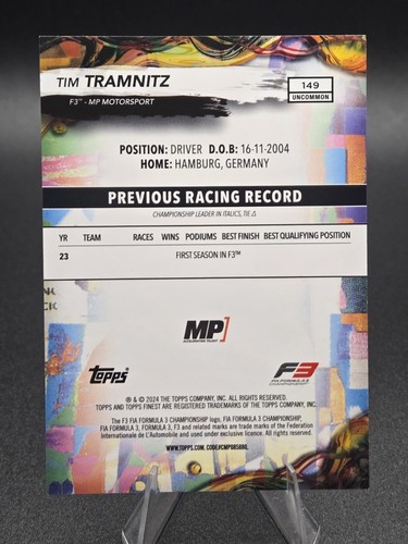 Tim Tramnitz 2024 Topps Finest Formula 1 #149 MP Motorsport F3 (Uncommon) - Picture 2 of 2