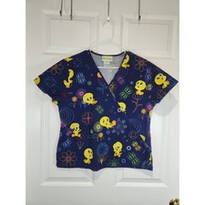 Looney Tunes Tweety Bird Blue Short Sleeved Scrub Top Shirt Women's sz M