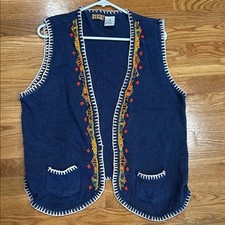 Vintage 90 boho western beaded Blue Embroidered silk cotton Vest women  s XL
